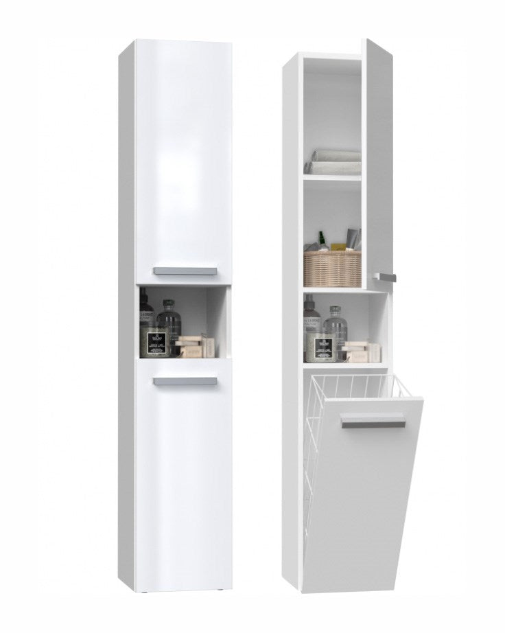 Bathroom Cabinet NEL III 31x30x174 cm Gloss White with Basket
