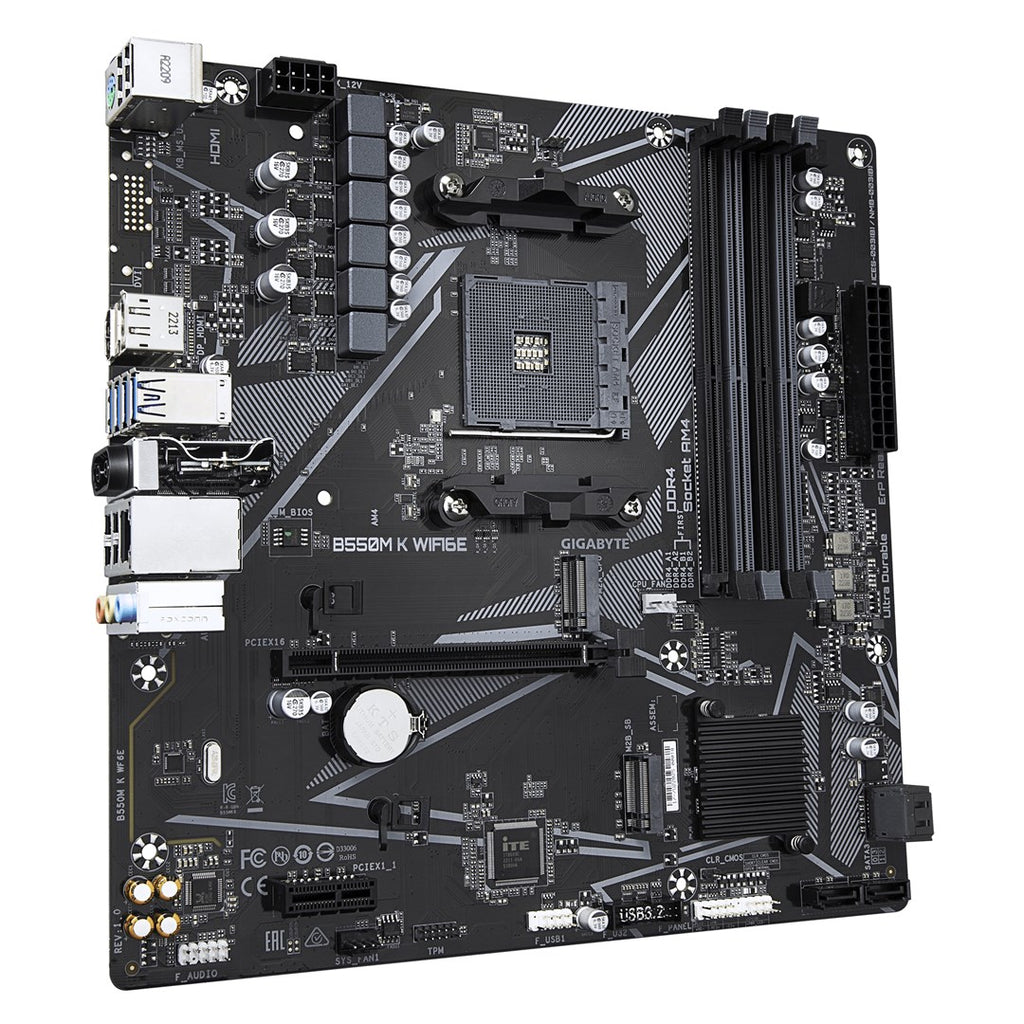 GIGABYTE B550M K WIFI6E Motherboard - AMD Ryzen 5000 CPUs  up to 4733MHz DDR4  1xPCIe 4.0 + 1xPCIe 3.0 M.2  WIFI 6E  1GbE LAN  USB 3.2 Gen 1