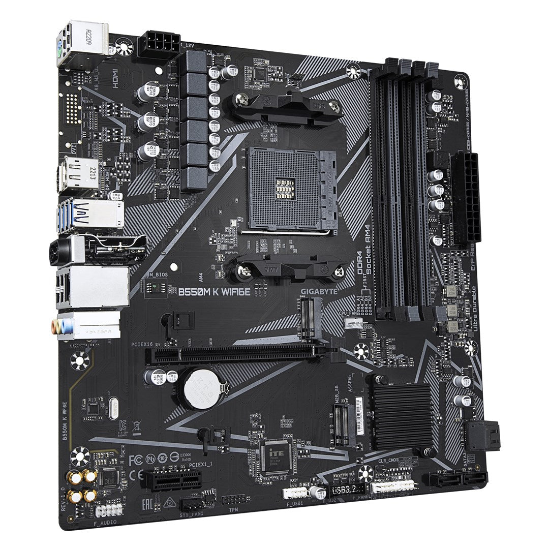 GIGABYTE B550M K WIFI6E Motherboard - AMD Ryzen 5000 CPUs  up to 4733MHz DDR4  1xPCIe 4.0 + 1xPCIe 3.0 M.2  WIFI 6E  1GbE LAN  USB 3.2 Gen 1