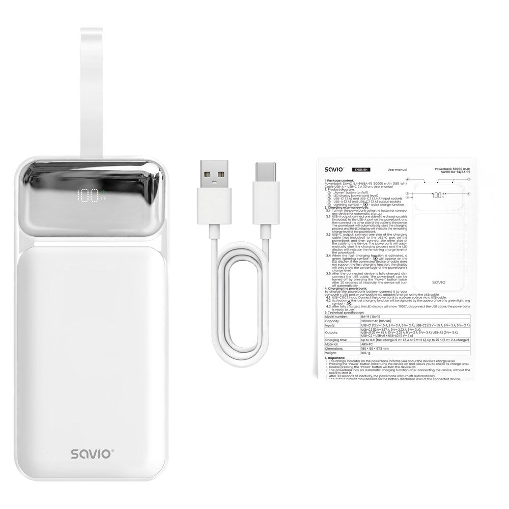 Savio BA-15 power bank Lithium Polymer (LiPo) 50000 mAh White