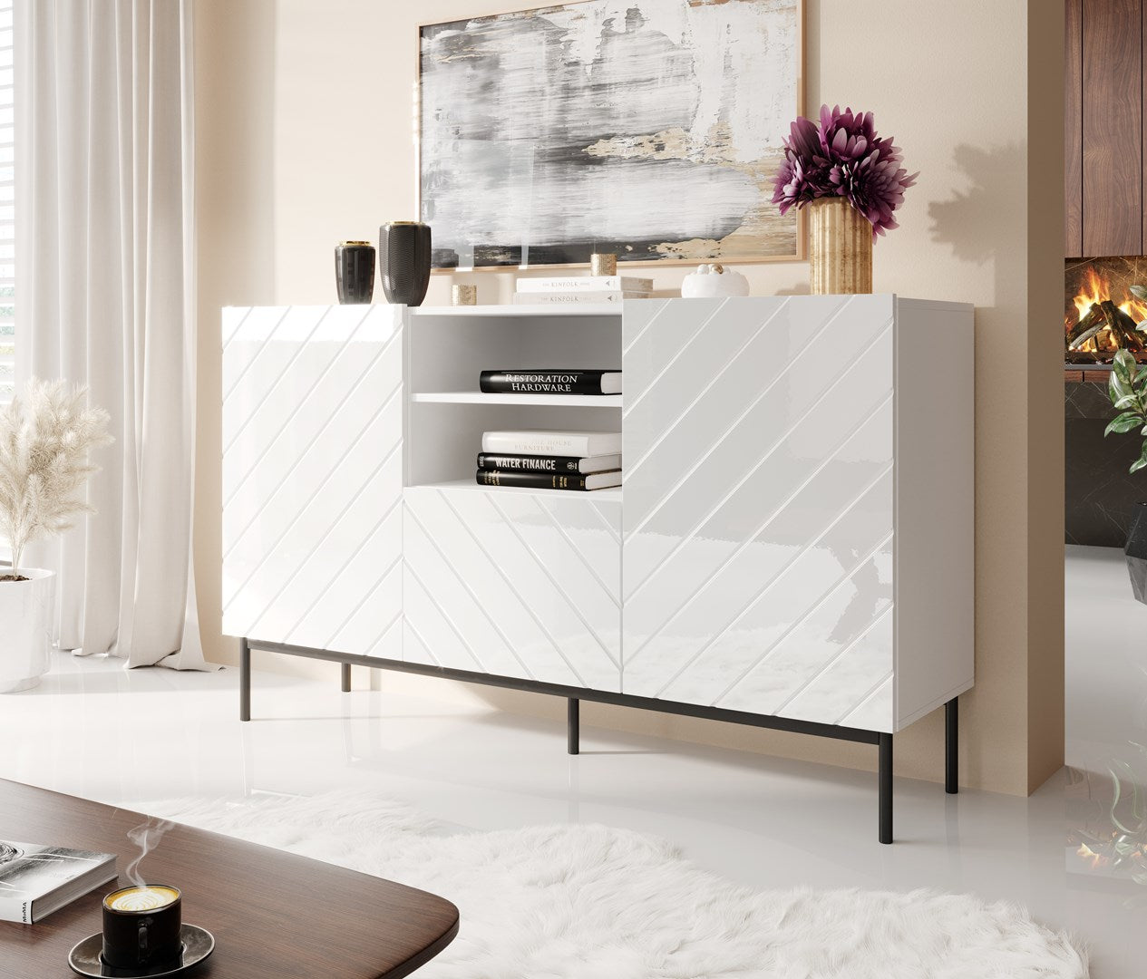 ABETO Chest of Drawers on Black Steel Frame 150x42x90 White/Gloss White