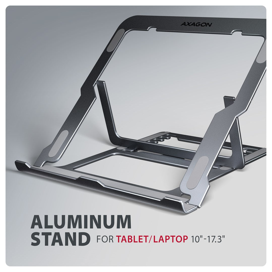 Axagon STND-LAG Aluminum stand for laptops size 10 –17.3 . Eight adjustable height and angle. Grey version.