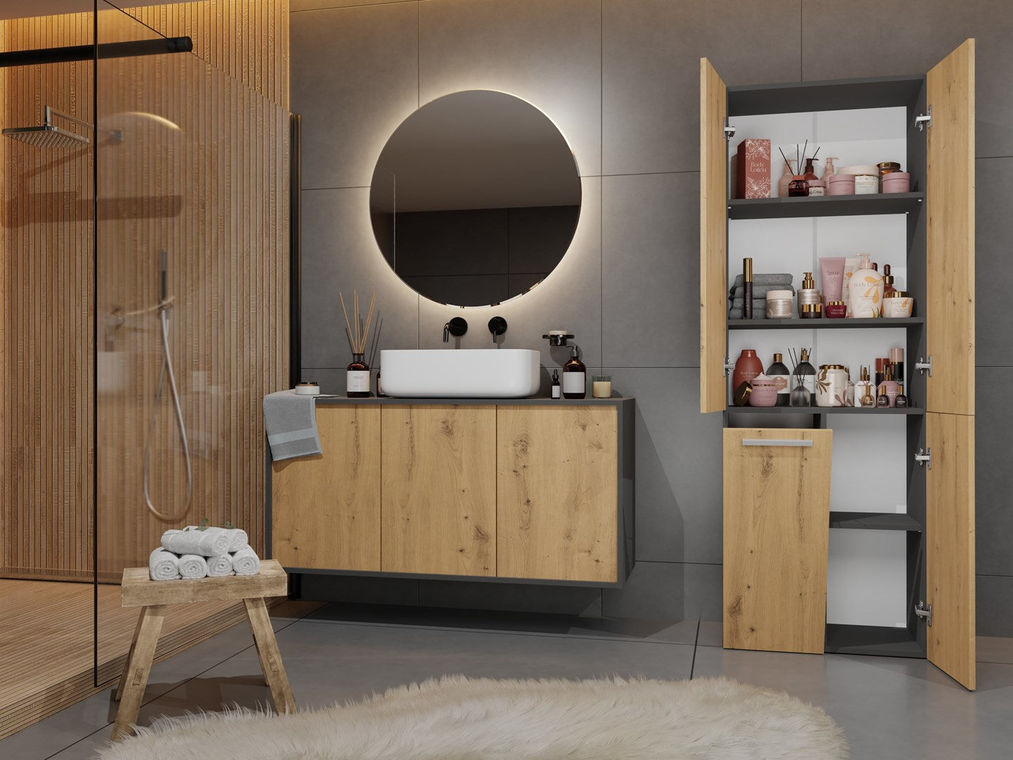 Topeshop NEL 1K DD ANT/ART KP bathroom storage cabinet Graphite  Oak