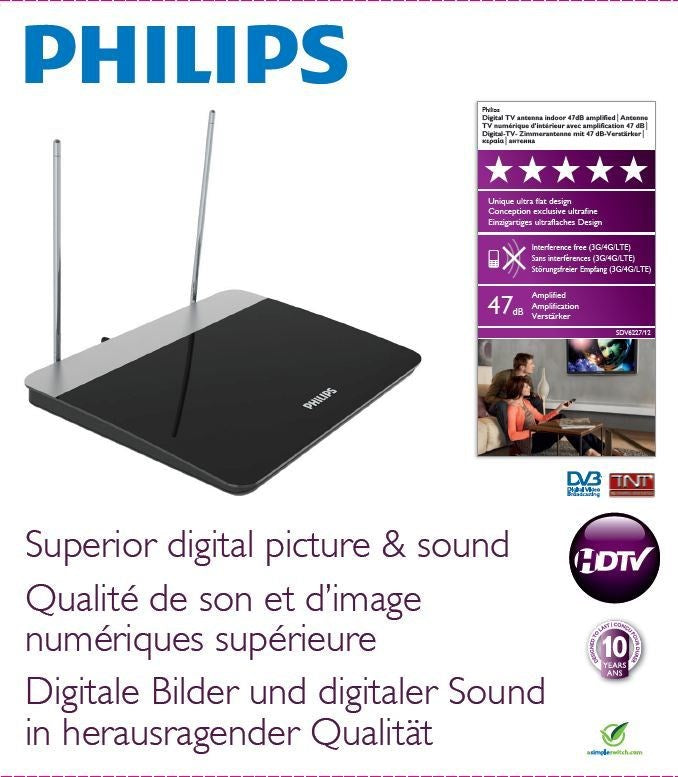 Philips Digital TV Antenna SDV6227/12 - 880 g, 250 mm Width, 2.72 mm Depth, 19.1 mm Height, 47dB Gain