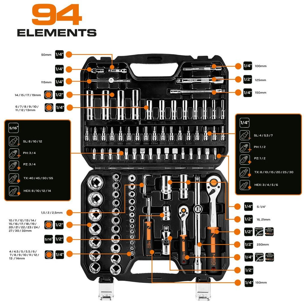 NEO Tools 10-062 Socket Set 94 Pieces