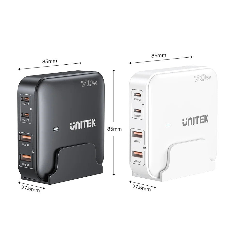 Unitek GaN Network Charger - P1228ABK01-EU | 70W 2x USB-C 2x USB-A