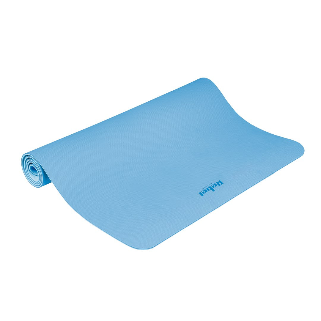 Mata gimnastyczna do ćwiczeń joga  pilates  fitness  200x115cm  grubość 1cm  materiał TPE  niebieska  REBEL ACTIVE