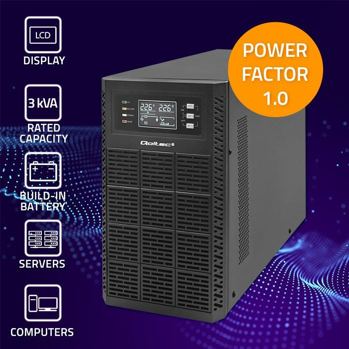 Qoltec Uninterruptible Power Supply (UPS) 3kVA 3000W Power Factor 1.0 LCD EPO USB Online