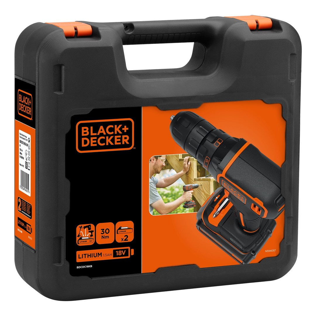 BLACK+DECKER Cordless Drill/Driver - 10 mm Chuck - 30 N·m - 2 Batteries - 18V - MPN: BDCDC18KB-QW