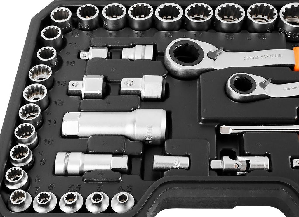NEO 1/4 + 3/8 Through-Hole Socket Set 46 pcs for Hard-to-Reach Places
