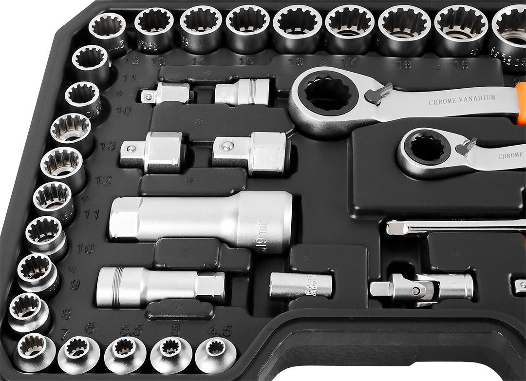 NEO 1/4 + 3/8 Through-Hole Socket Set 46 pcs for Hard-to-Reach Places