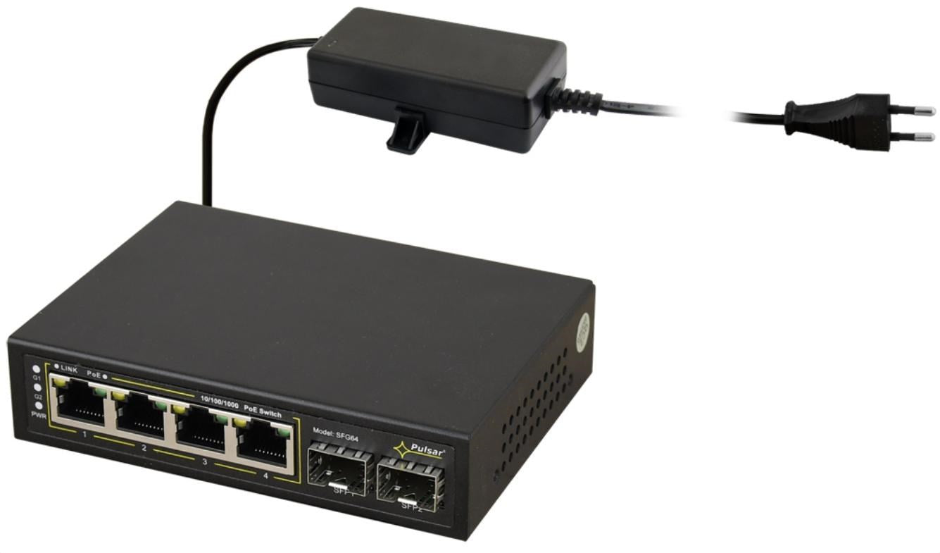 PULSAR 6-Port PoE Switch SFG64 for IP Cameras, 30W/Port 4+2SFP