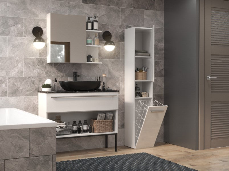 Bathroom Cabinet NEL III 31x30x174 cm Matte White with Basket