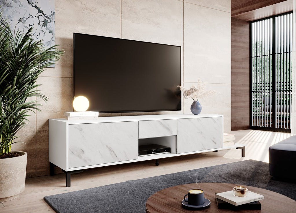 RTV Cabinet MARMO 2D1S1K 195x40x47.5 cm White Matt/Marble White - 2 Doors, 1 Drawer