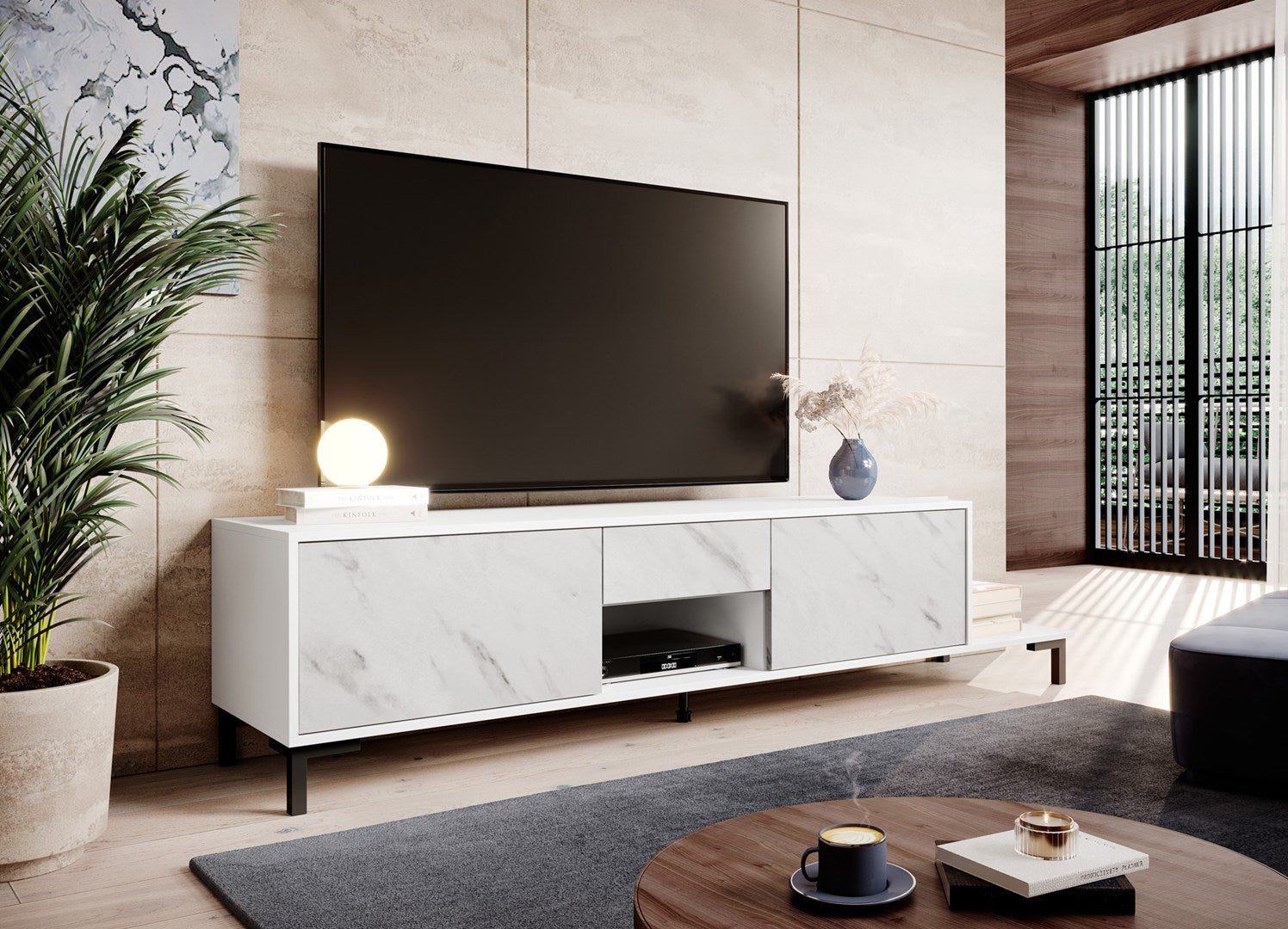 RTV Cabinet MARMO 2D1S1K 195x40x47.5 cm White Matt/Marble White - 2 Doors, 1 Drawer