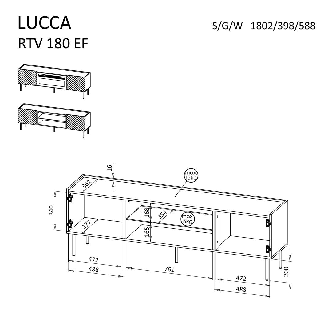Cama MEBLE TV Cabinet LUCCA 1800 mm with Electric Fireplace, Cashmere/Black, Self-Assembly