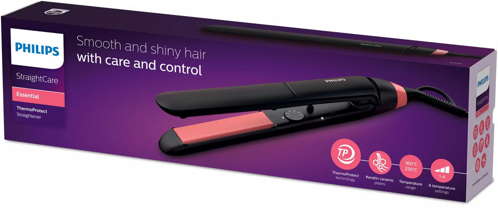 Philips Essential ThermoProtect Hair Straightener, 230°C, 6 Heating Levels, Model BHS376/00