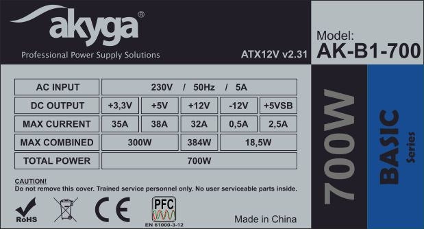 Akyga AK-B1-700 700W Power Supply - 20+4 pin ATX