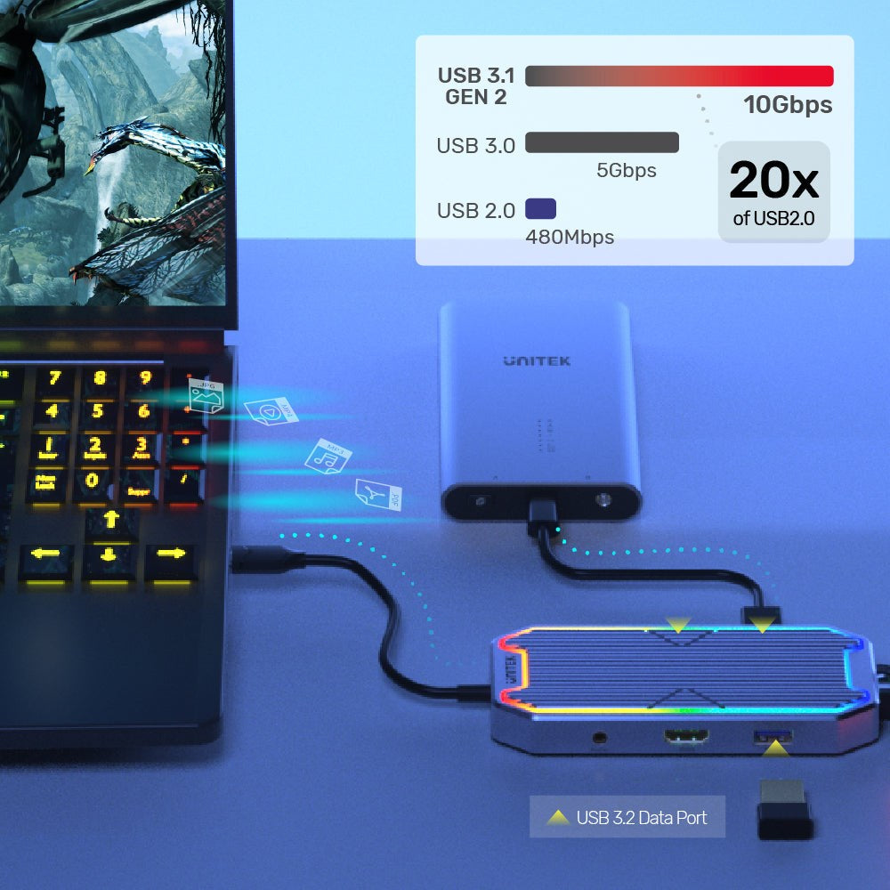 UNITEK uHUB S7+ USB 3.2 Hub Type-C Grey with HDMI, RJ45, PD 100W