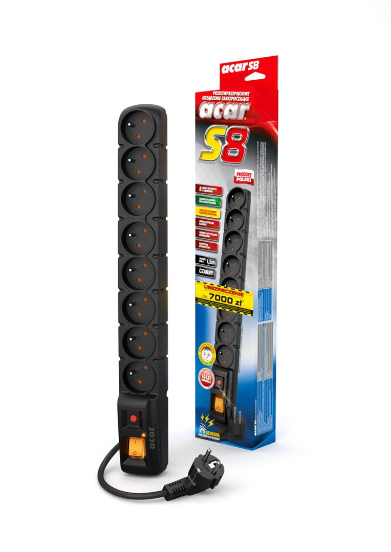ACAR S8 Surge Protector 8 AC Outlets 230V 3 m Cable Black