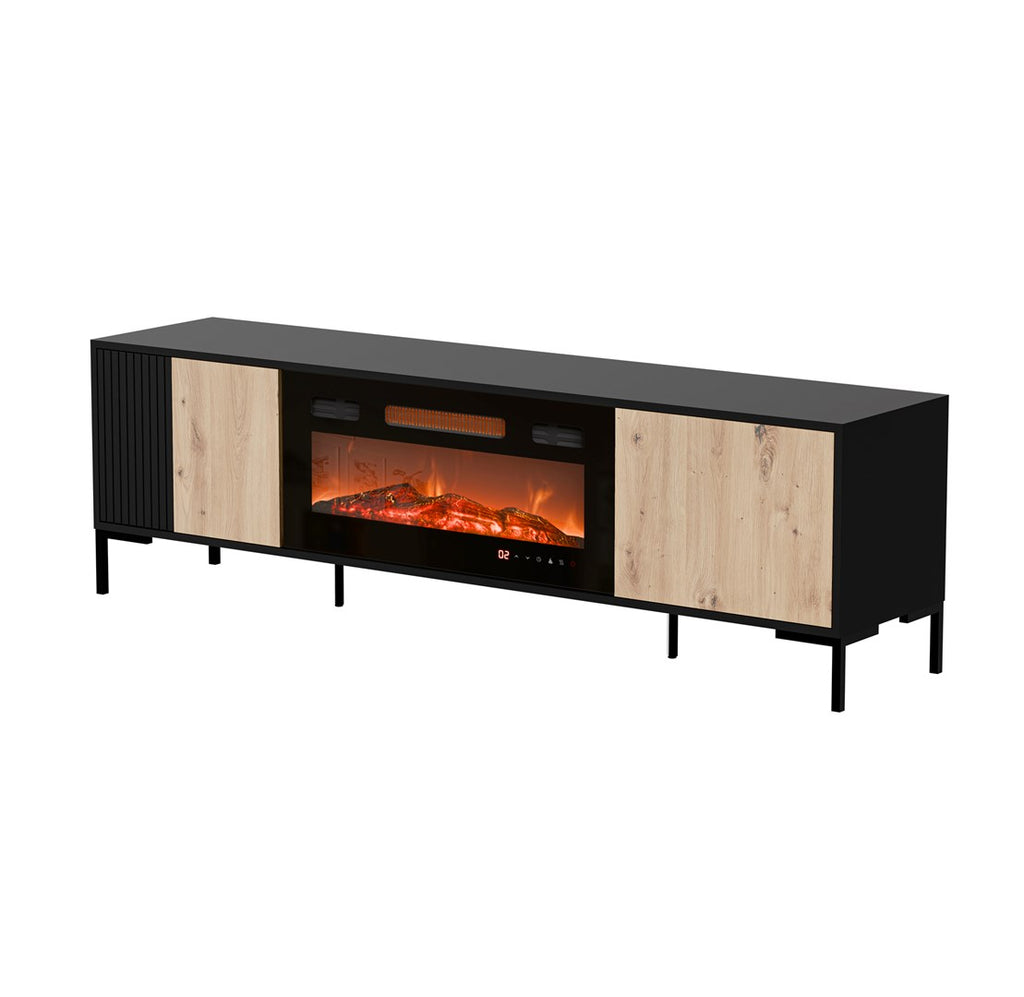 Cama MEBLE TV Cabinet with Electric Fireplace, 1800 mm Width, Black and Oak Finish, Model MERCI 400011+k