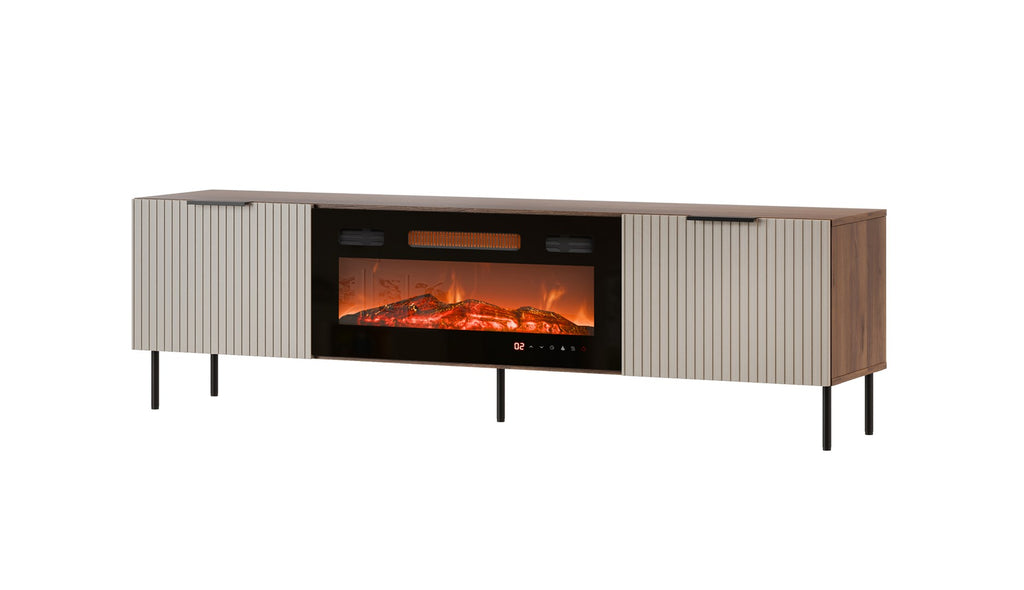 Cama MEBLE TV Cabinet ALMERA 1805 mm with Electric Fireplace, Walnut/Cashmere, Self-Assembly
