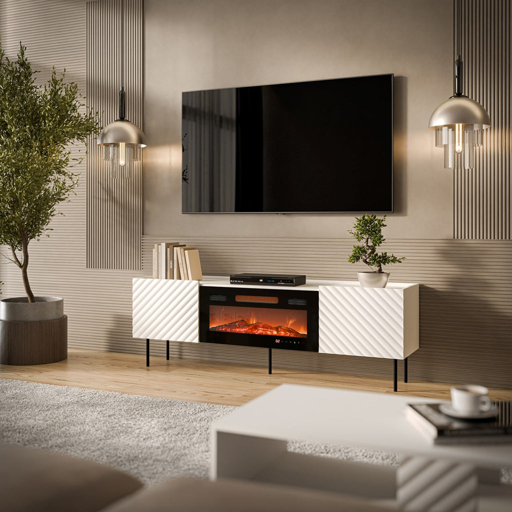 Cama MEBLE TV Cabinet LUCCA 1800 mm with Electric Fireplace, White/Black, Self-Assembly
