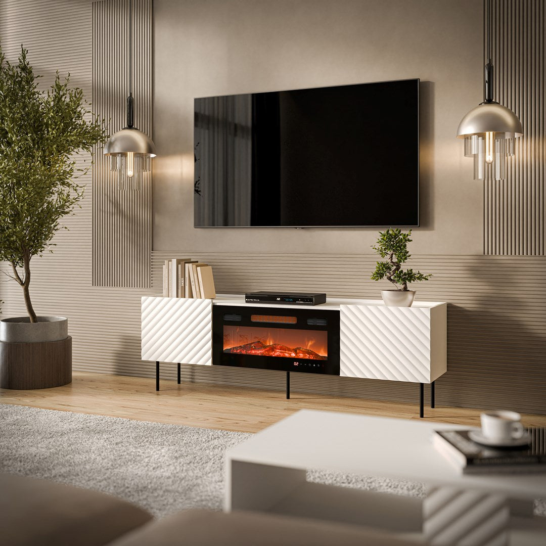 Cama MEBLE TV Cabinet LUCCA 1800 mm with Electric Fireplace, White/Black, Self-Assembly