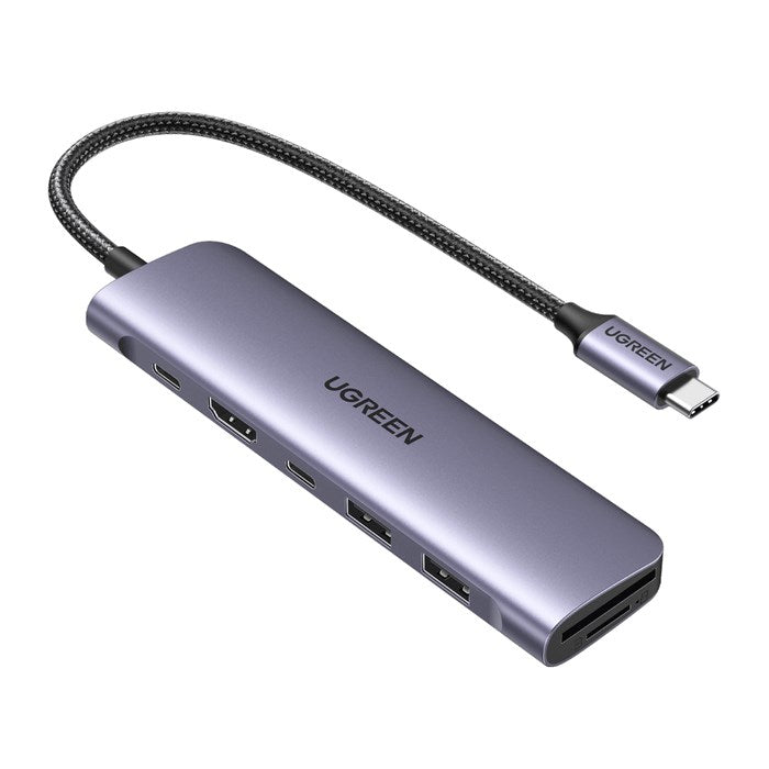 Ugreen CM195 6-in-1 USB-C adapter – HDMI / 2× USB-A 3.0 / USB-C PD / SD / TF card reader – grey