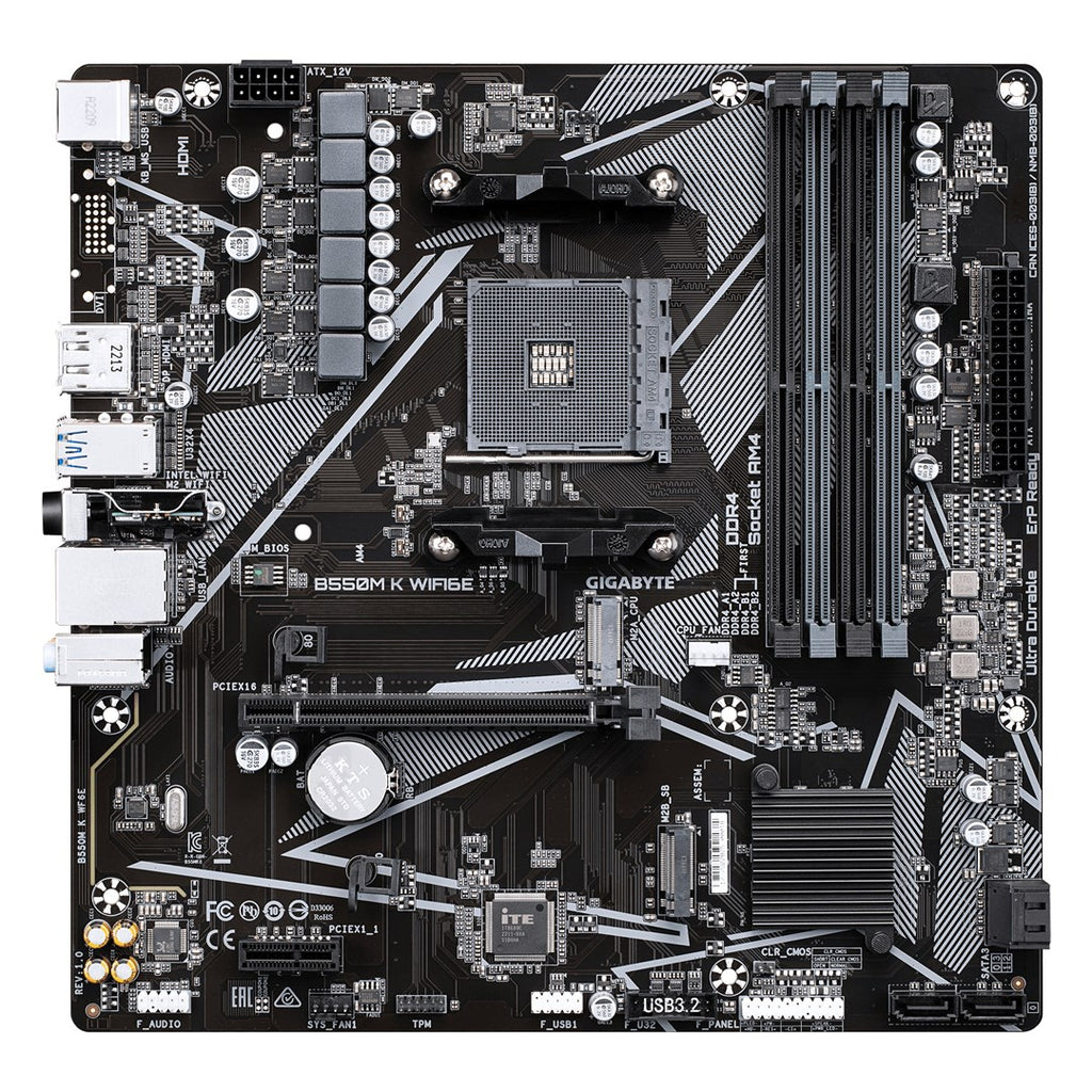GIGABYTE B550M K WIFI6E Motherboard - AMD Ryzen 5000 CPUs  up to 4733MHz DDR4  1xPCIe 4.0 + 1xPCIe 3.0 M.2  WIFI 6E  1GbE LAN  USB 3.2 Gen 1