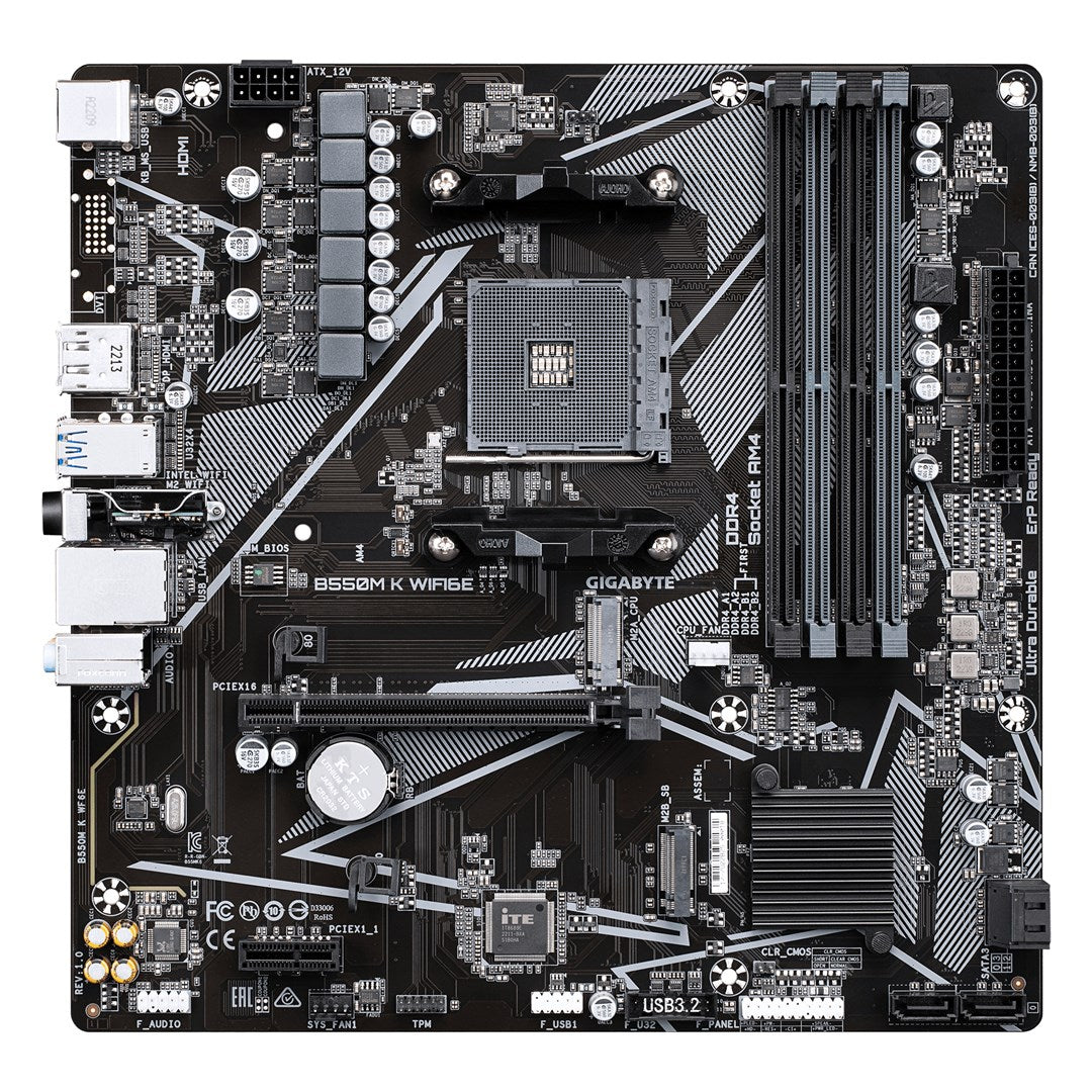 GIGABYTE B550M K WIFI6E Motherboard - AMD Ryzen 5000 CPUs  up to 4733MHz DDR4  1xPCIe 4.0 + 1xPCIe 3.0 M.2  WIFI 6E  1GbE LAN  USB 3.2 Gen 1