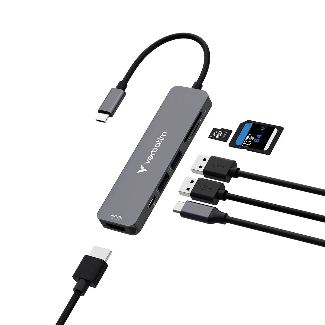 Verbatim Multiport Hub with 6 Ports, HDMI, USB-C PD, 4K Ultra HD, Model 32156