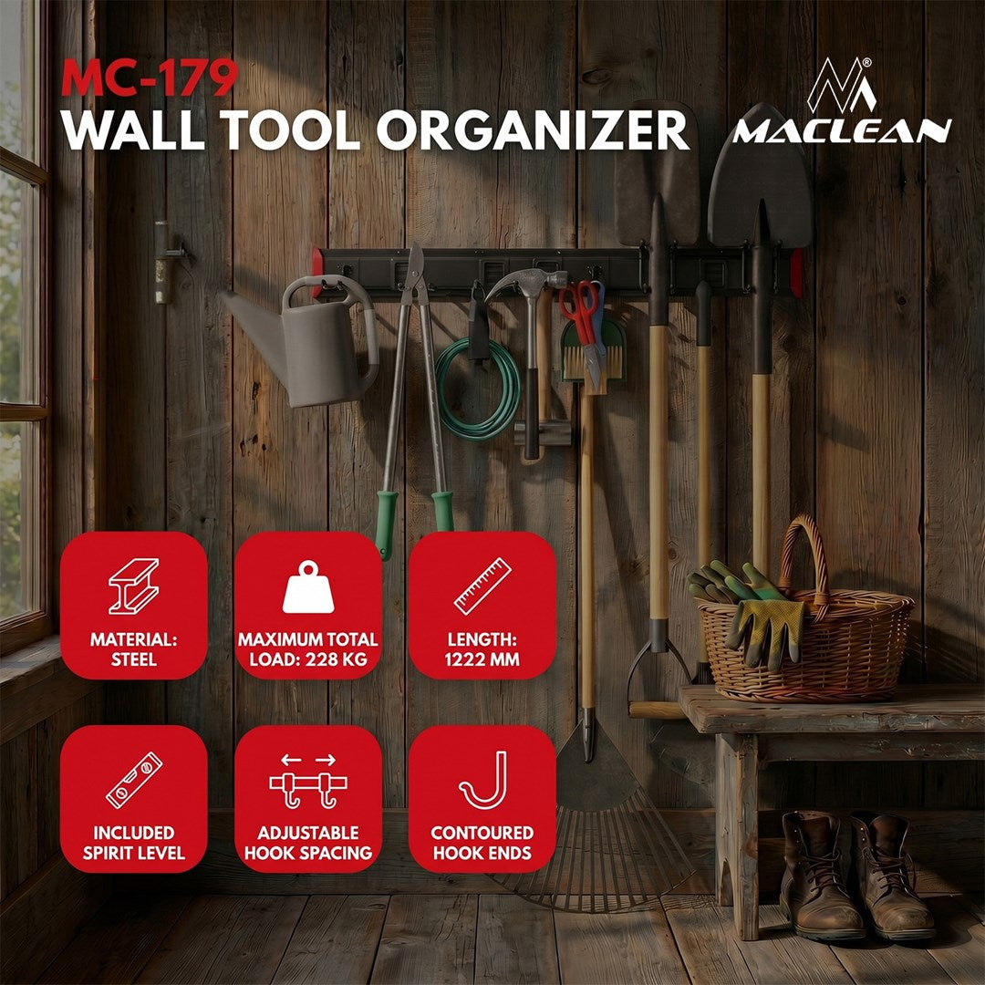 Maclean Wall-Mounted Tool Organizer MC-179, Steel, Max Load 228 kg, 10 Hooks