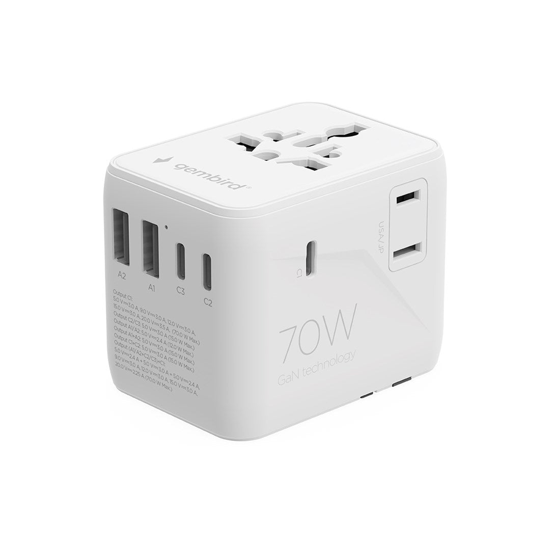 Gembird Universal Travel Power Adapter 70W White TPA-2A3C70-01-W