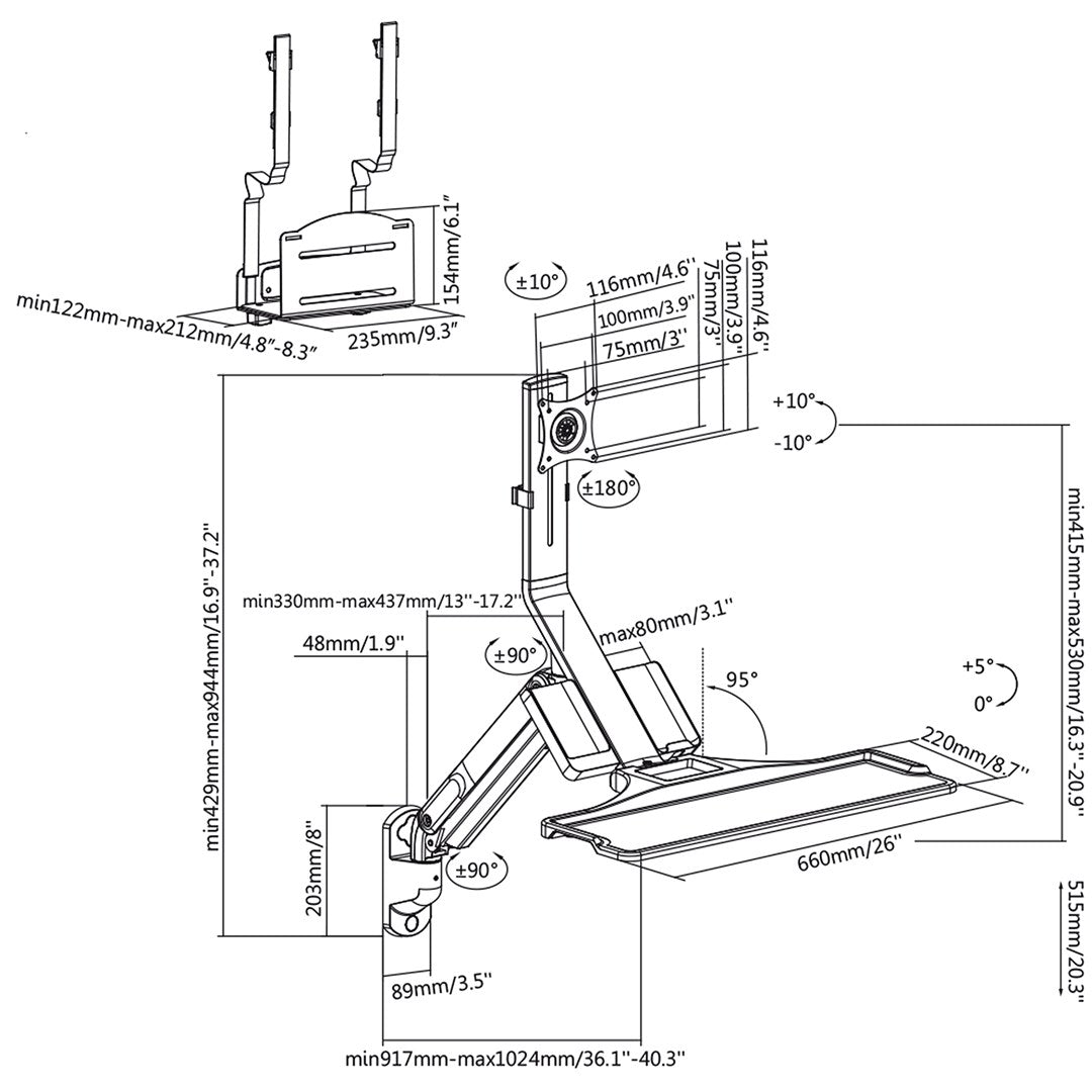 Maclean MC-838 Gas Spring Workstation/Wall Mount for Monitor, Keyboard and PC