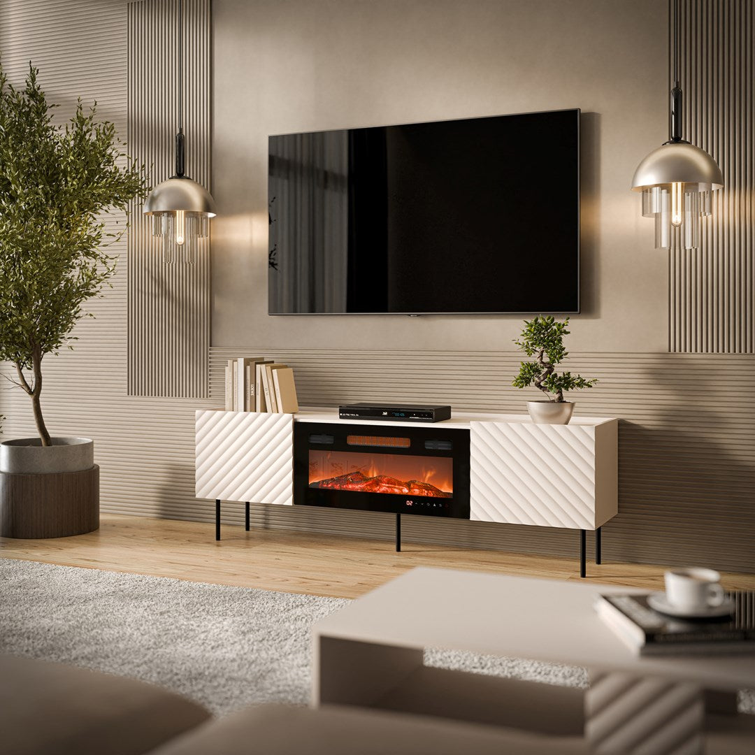 Cama MEBLE TV Cabinet LUCCA 1800 mm with Electric Fireplace, Cashmere/Black, Self-Assembly