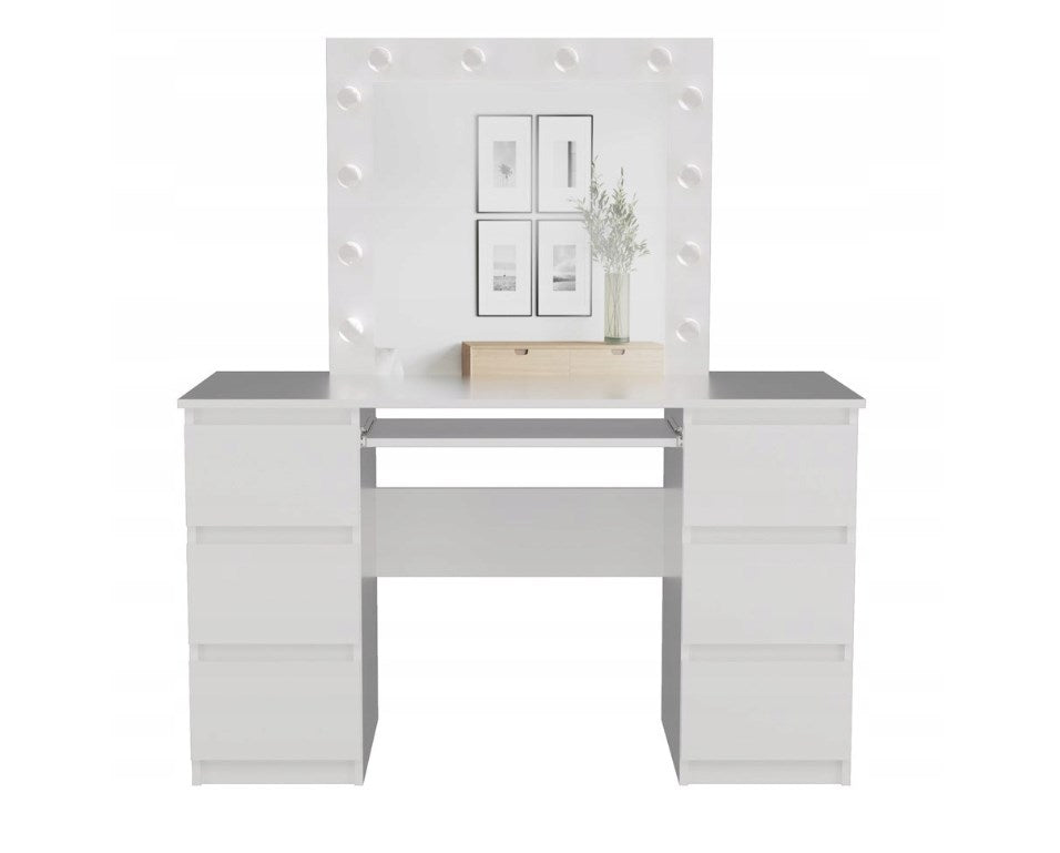 KUBA Desk Set White Matt + MARINA Mirror, Elegant Dressing Table with LED Lighting