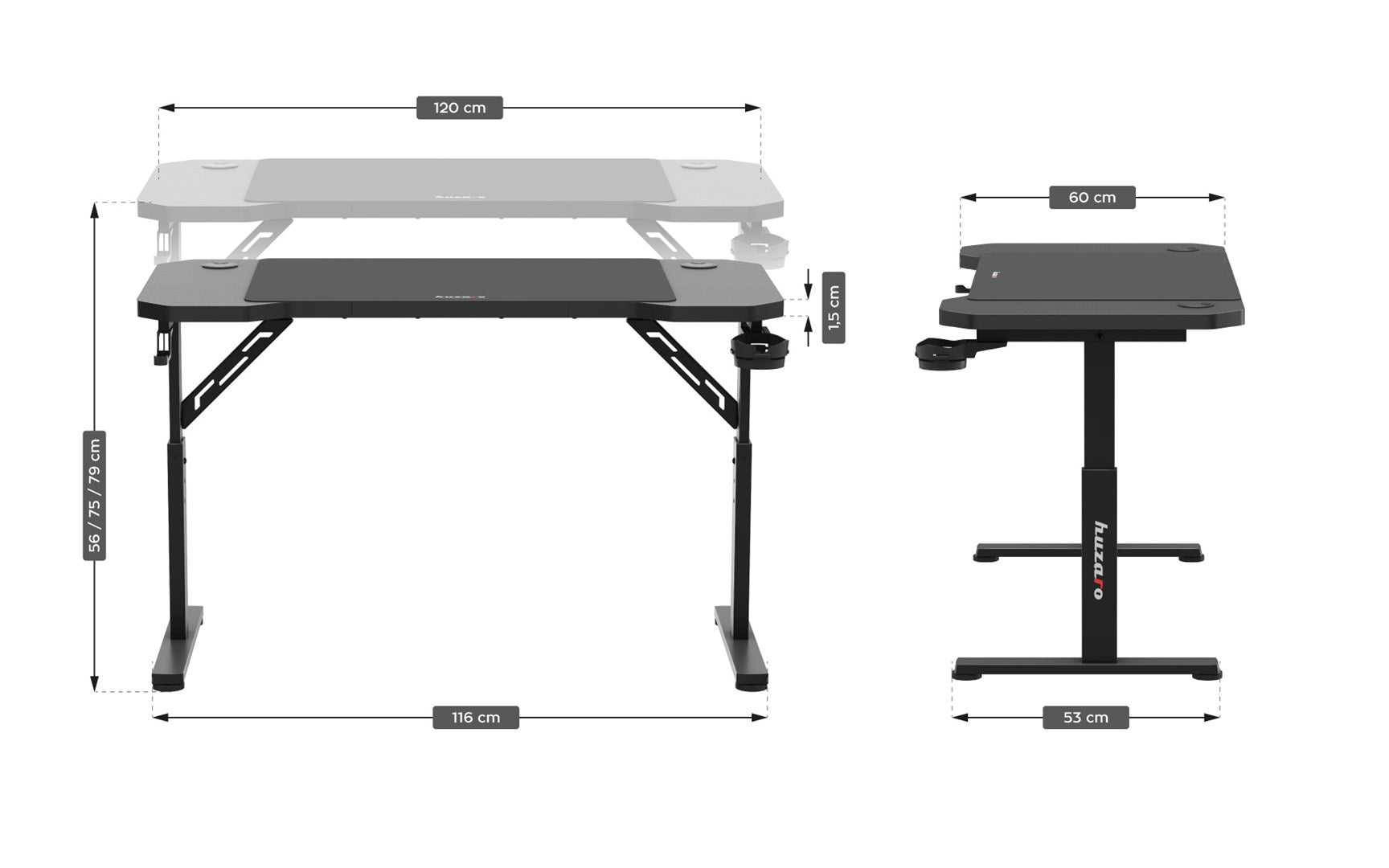 Huzaro Hero 2.6 Gaming Desk Black - Manual Height Adjustment from 560 mm to 790 mm