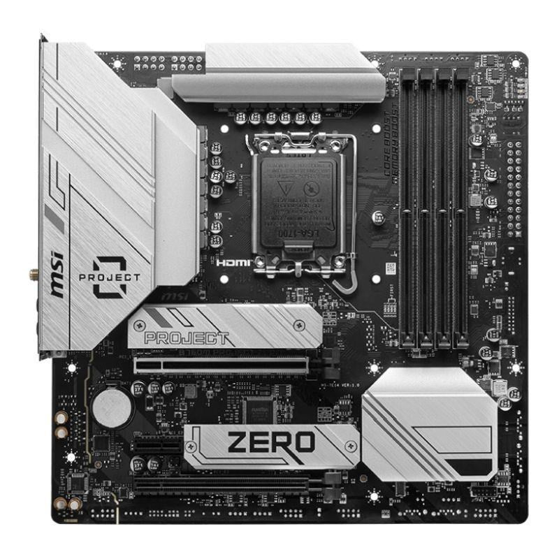 MSI B760M PROJECT ZERO - Motherboard - micro ATX - LGA1700 socket - B760 chipset - USB 3.2 Gen 1, USB 3.2 Gen 2, USB-C 3.2 Gen 2, USB-C 3.2 Gen 2x2 - 2.5 Gigabit LAN, Wi-Fi 6E, Bluetooth - Onboard graphics (CPU required) - HD Audio (8-channel) (7E14-001R)