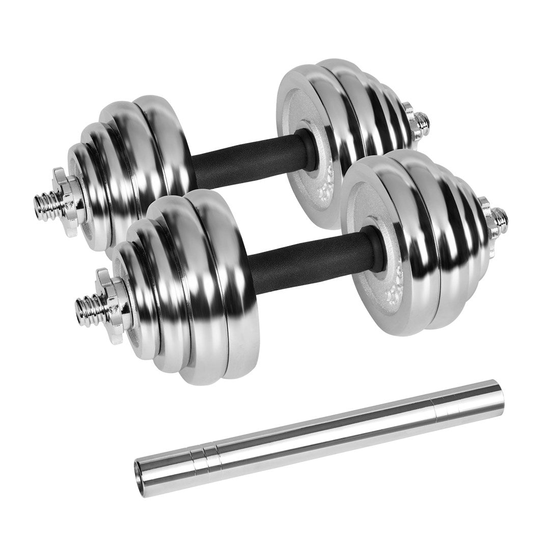 REBEL ACTIVE Chrome Adjustable Dumbbells Set 30 kg with Barbell in Case