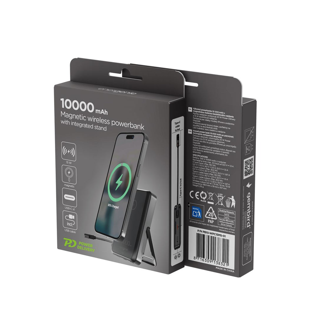 Gembird PB10-WPC15MS-01 Magnetic wireless powerbank with integrated stand  15W  10000 mAh  black