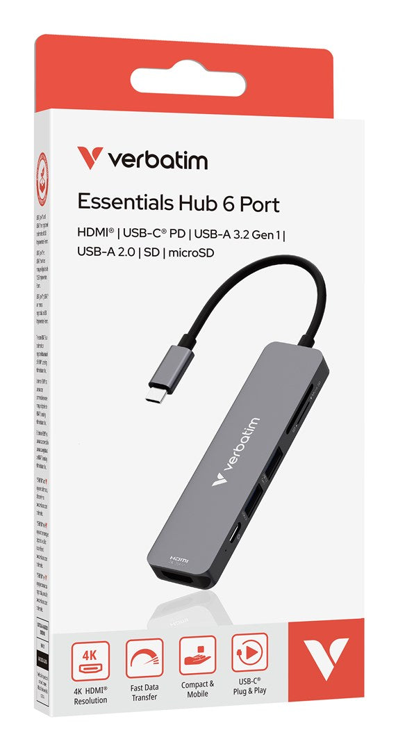Verbatim Multiport Hub with 6 Ports, HDMI, USB-C PD, 4K Ultra HD, Model 32156