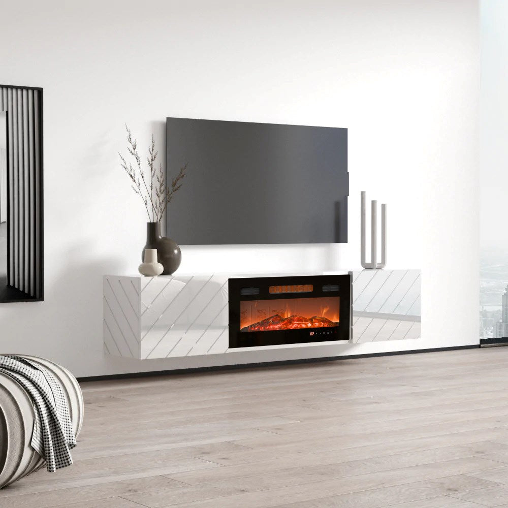 Cama MEBLE TV Cabinet Glossy White 1826x375x345 Electric Fireplace LUXE 301125