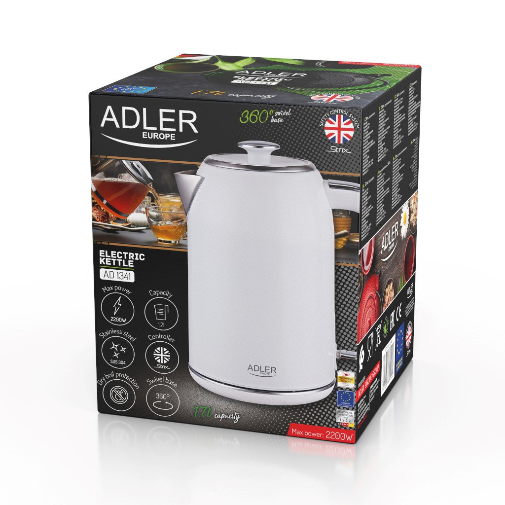 ADLER Electric Kettle 1.7 L 2200W Stainless Steel White AD 1341