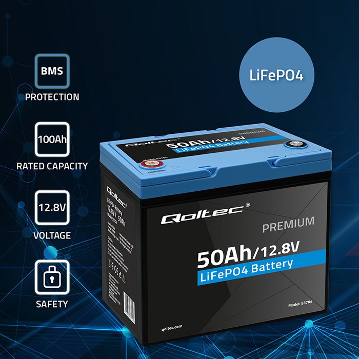 Qoltec 53704 LiFePO4 lithium iron phosphate battery | 12.8V | 50Ah | 640Wh | BMS