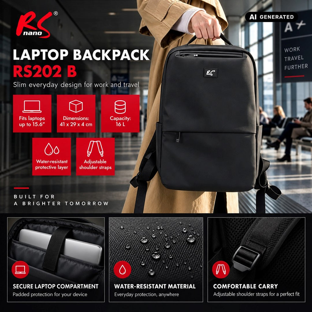 nano RS Laptop Backpack 15.6" Black Waterproof RS202 B