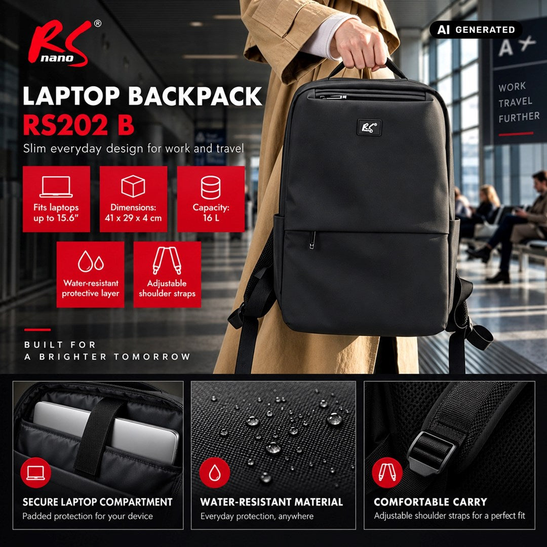 nano RS Laptop Backpack 15.6" Black Waterproof RS202 B
