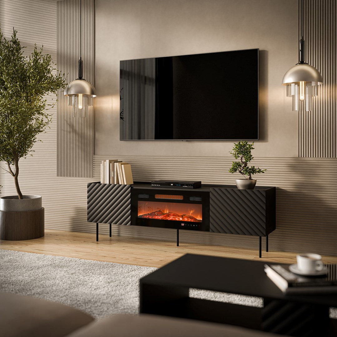 Cama MEBLE TV Cabinet LUCCA 1800 mm with Electric Fireplace, Black, Self-Assembly