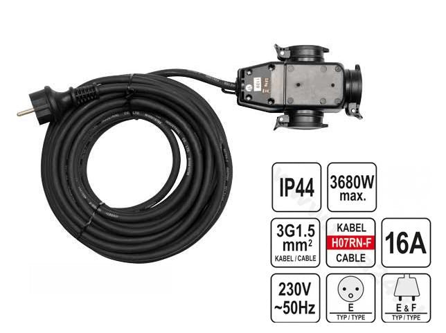 Yato YT-81162 Power Extension 20 m 3 AC Outlets Indoor/Outdoor Black