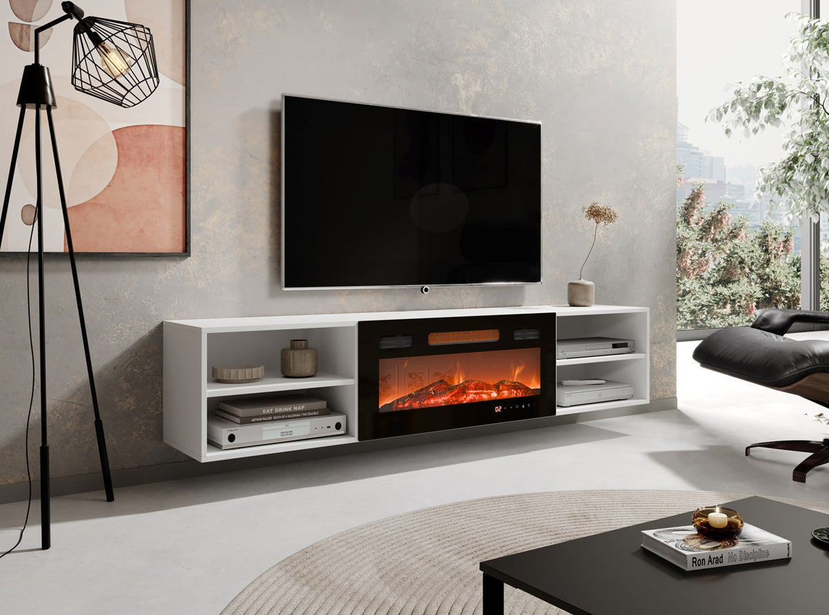 RTV cabinet POLO 180x33x39 white + fireplace black